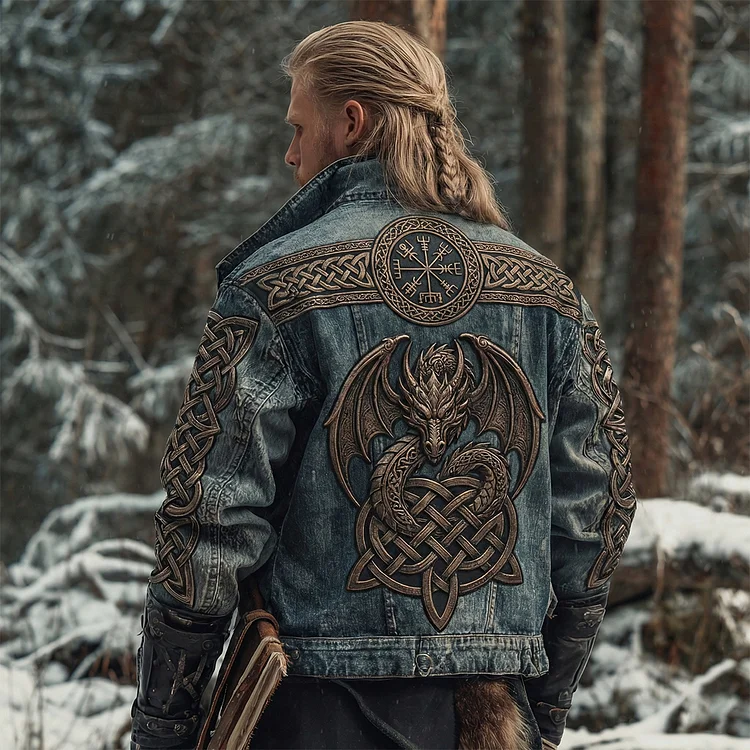 Men's Vintage Viking Celtic Dragon Art Washed Denim Jacket
