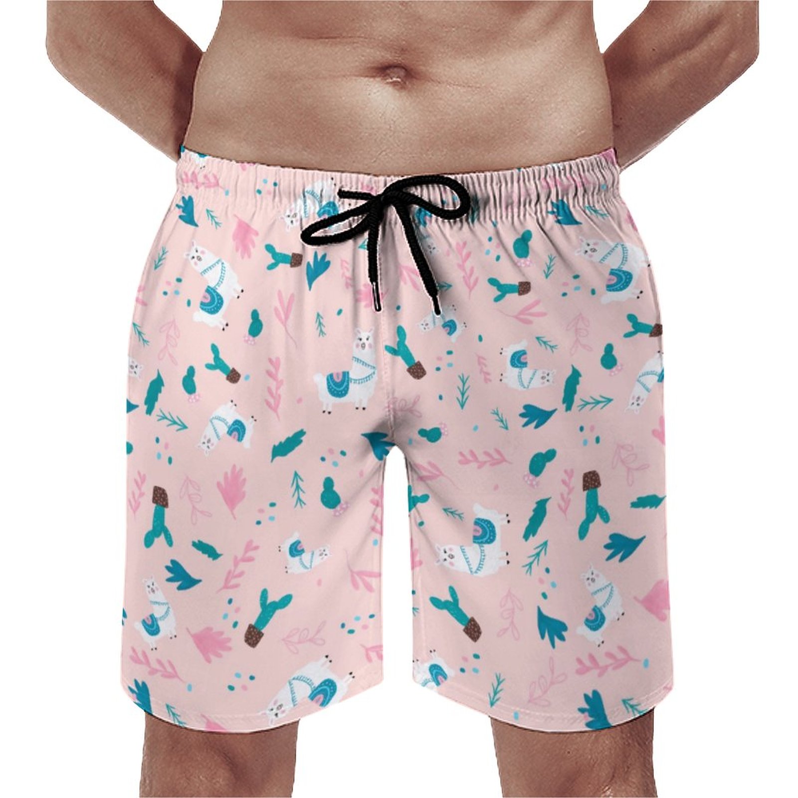 Cool Alpaca Llama Whimsical Animal Cactus Pattern Elegant Men's Swim Trunks Summer Board Shorts Quick Dry Beach Short with Pockets