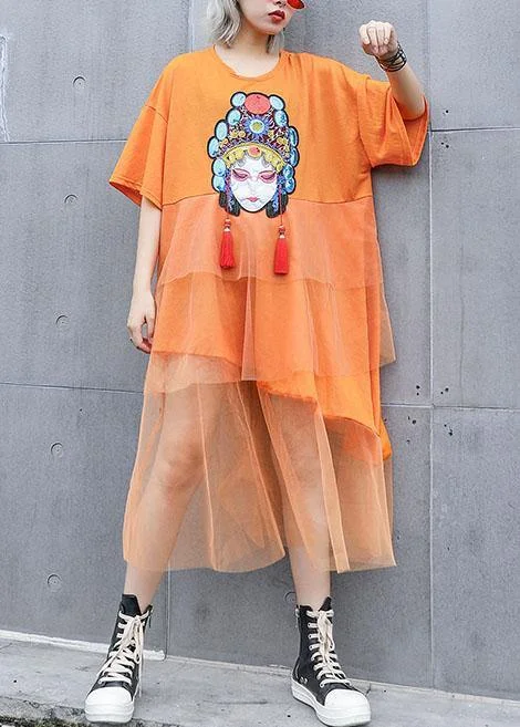 Natural orange prints cotton clothes For Women patchwork tulle loose summer Dresses