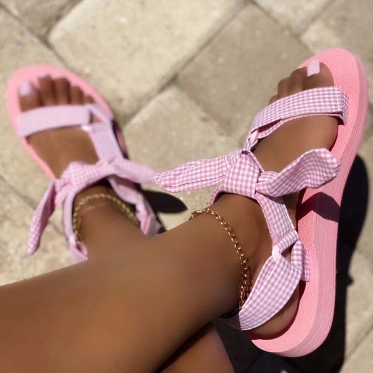 2021 Summer Bowknot Beach Sandals Woman Design Casual Women Flat Sandals Shoes Gingham Open Toe Sandalia  Mujer