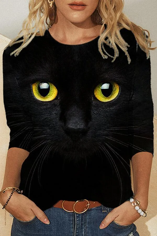 Cat Eye Print Long Sleeve Crew Neck-Allyzone-Allyzone