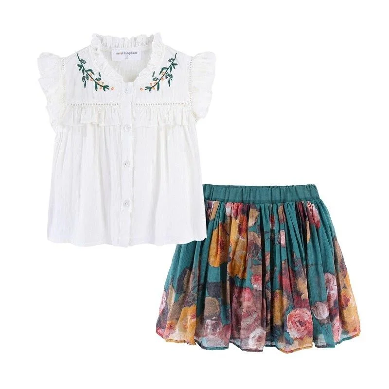 Mudkingdom Boutique Girls Outfits Ruffle Blouse and Floral Skirt Set Children Clothes Pink Tops and Skirt Suit Big Girl 2Pcs Set