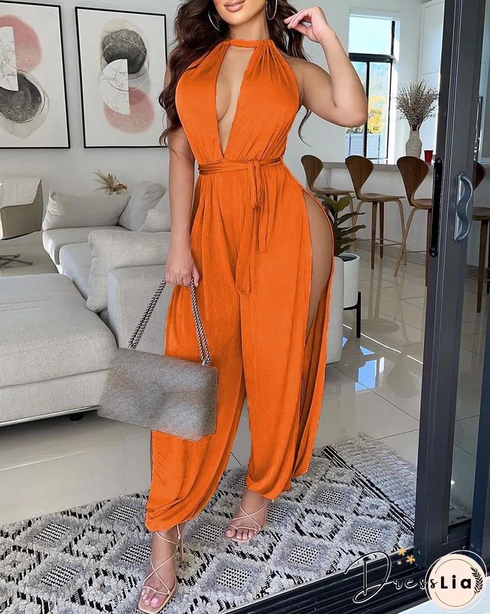 Halter Open Front High Slit Jumpsuit