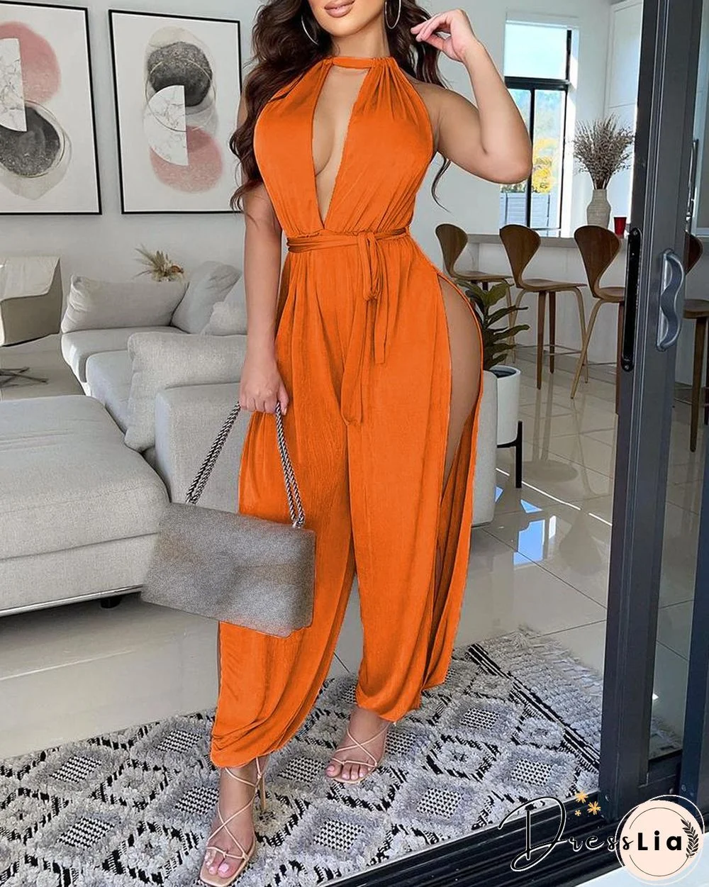 Halter Open Front High Slit Jumpsuit