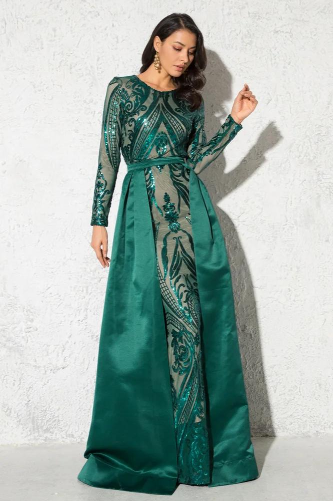 Glamorous Long Sleeve Sequins Prom Dress Mermaid With Detachable Skirt - lulusllly