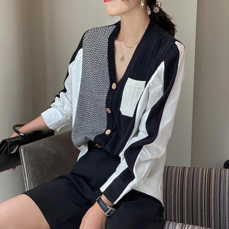 Zoki Patchwork Women Cardigans Sweater Fashion Irregular Autumn Knitted Buttons Chic Korean Loose Winter Female Long Sleeve Tops