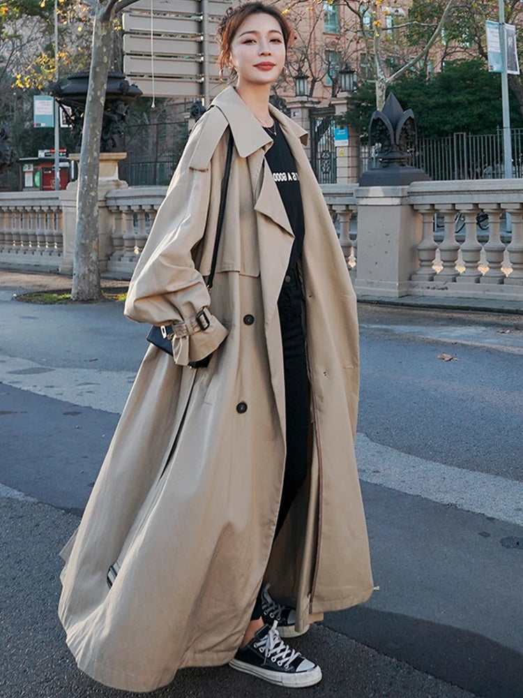 Spring Autumn Extra Long Flowy Oversized Casual Trench Coat for Women Belt Double Breasted Loose Korean Fashion Aiertu