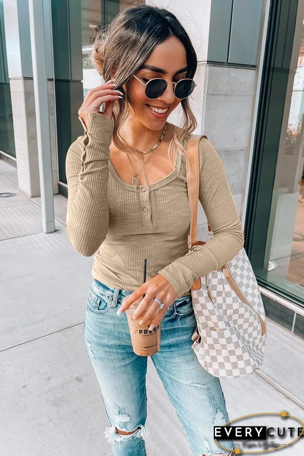 Khaki Crewneck Buttons Ribbed Knit Long Sleeve Top