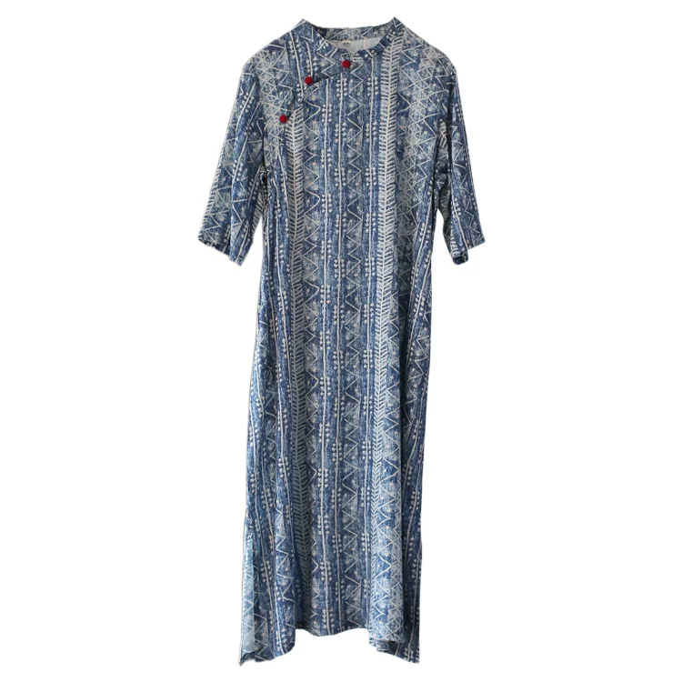 Retro Geometric Printd Stand Collar Cheongsam Midi Dress - yankia