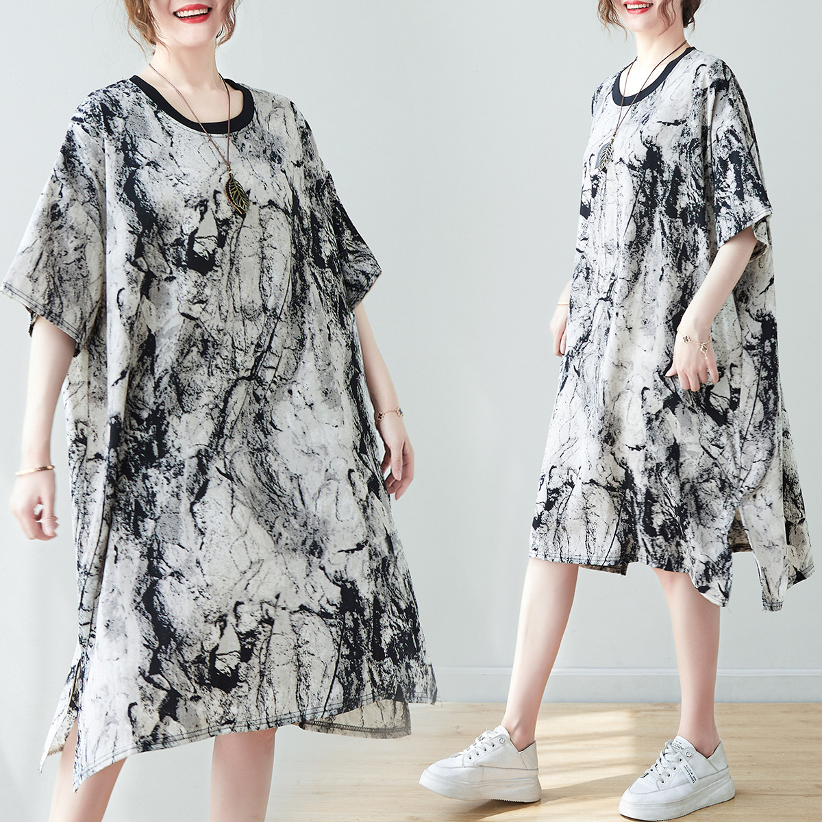 Women Chiffon Print Black Loose Oversized Elegant Dress