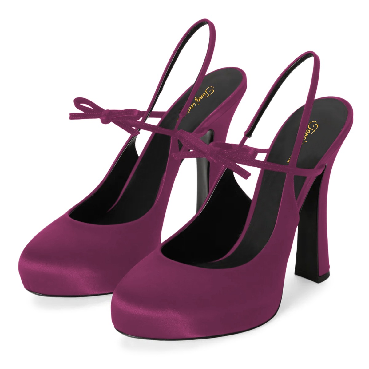Women's Purple Satin Round Toe Bow Slingback Platform Heels Nicepairs
