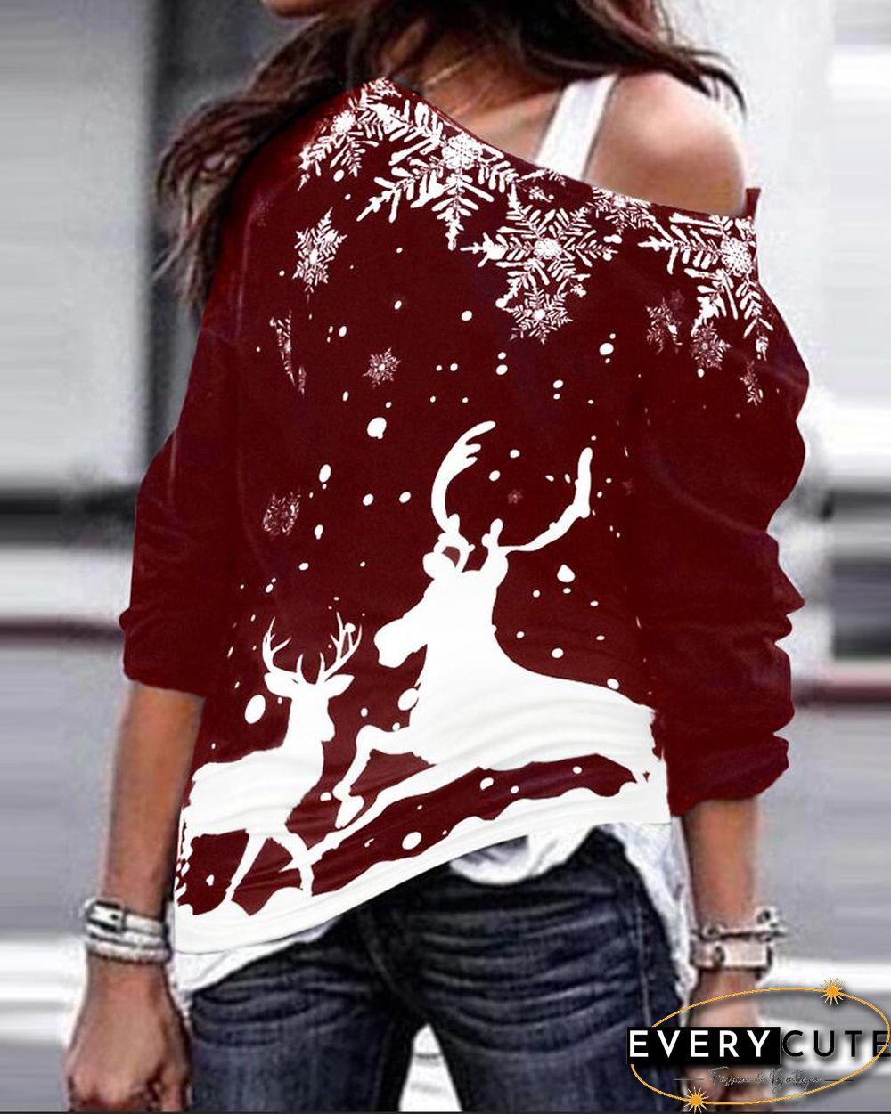Christmas Reindeer Print Long Sleeve Sweatshirt
