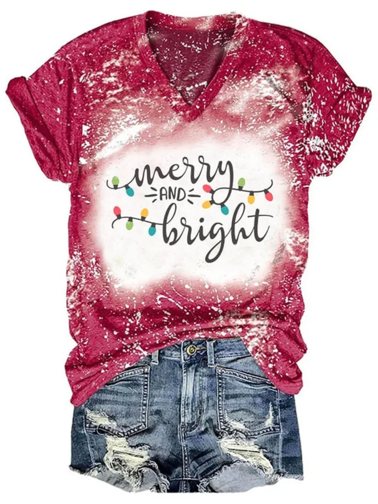 Vefave Merry And Bright Print Tie Dye V Neck T Shirt