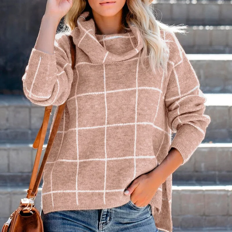 Plaid Knitted Pullover Sweater Women Turtleneck Long Sleeve Female Sweaters Oversized Casual Winter Clothes sweter mujer 2021