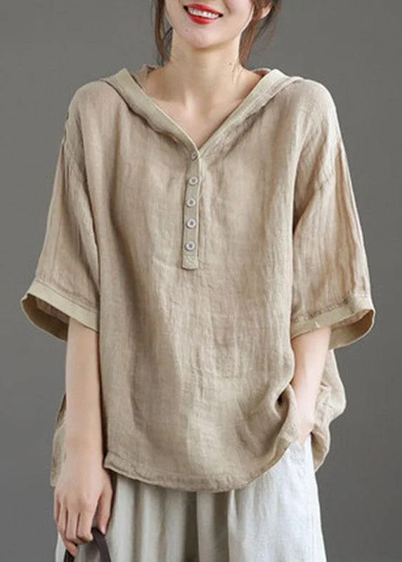 Khaki hooded Patchwork Summer Linen Blouses