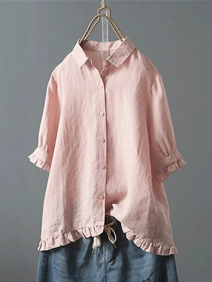 Ladies Solid Color Lapel Button Ruffle Design Casual Cotton And Linen Shirt