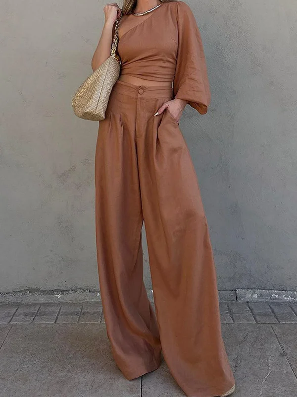 Elasticity Knot Long Sleeves Loose Asymmetric Pleated Solid Color One-Shoulder Shirts Top + Pants Bottom Two Pieces Set