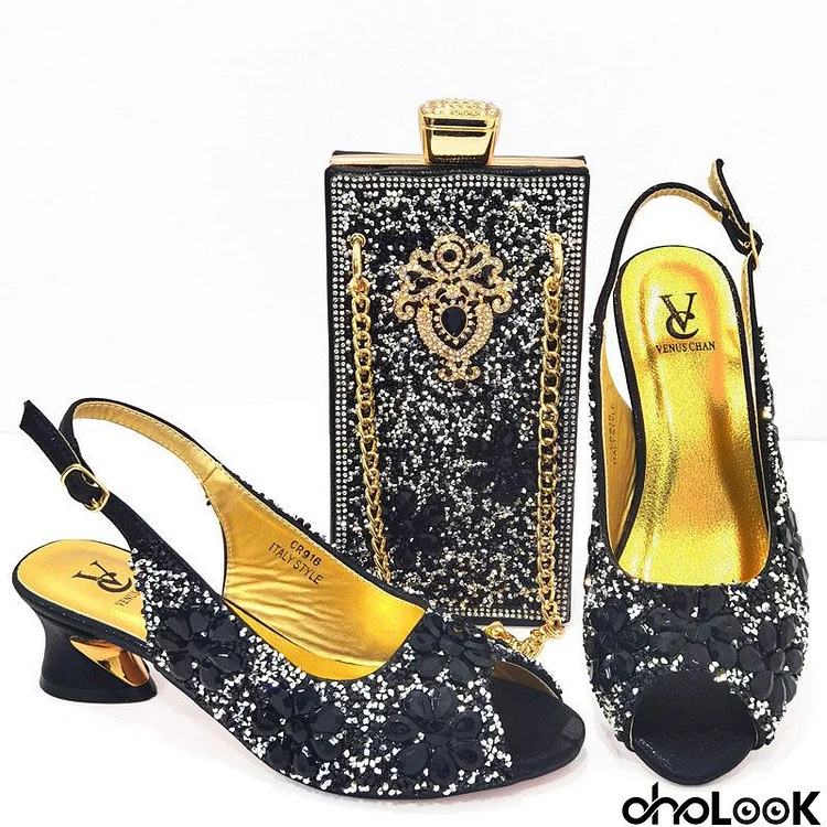 Women Fashion Peep Toe Rhinestone Low Heel Sandals Evening Bag Set