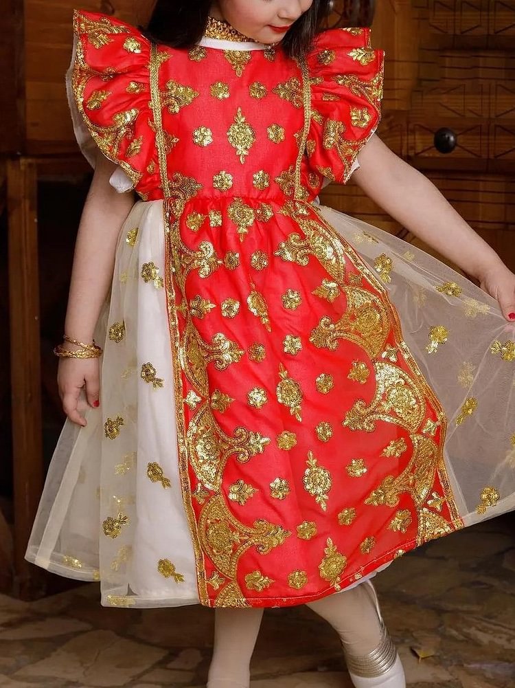Elegant Floral Print Ruffle Sleeve Children's Dress