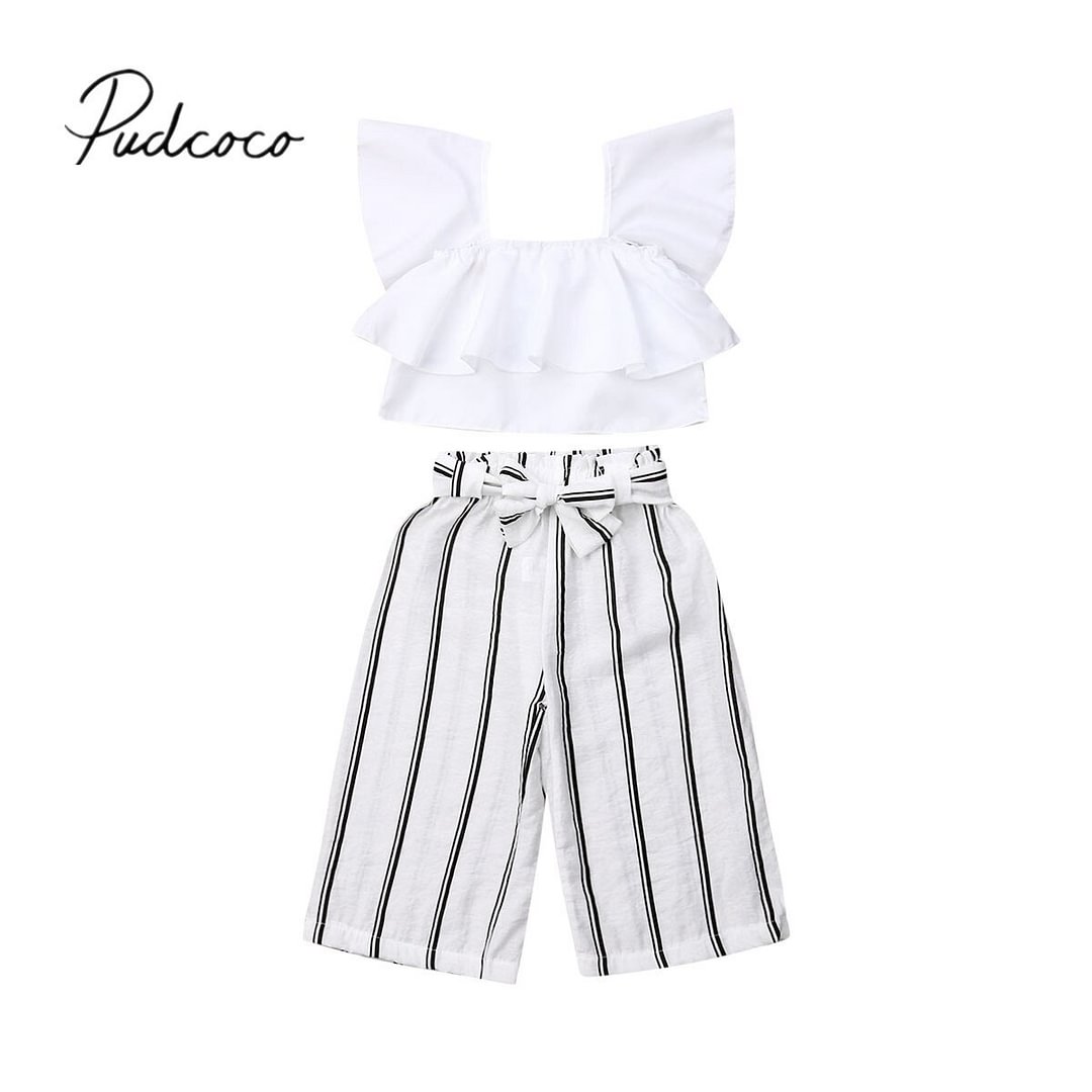 2019 Baby Summer Clothing Fashion Toddler Baby Girls Vest Off Shoulder Top Wide Stripe Pants Kids Clothes 2Pcs Set Outfits 2-7T