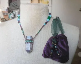 pornhint Pornhint Beaded Fluorite Stone Point Wand Necklace with Aventurine Amethyst Amazonite Blue Quartzite Gemstone Beads Large Size Adjustable Length