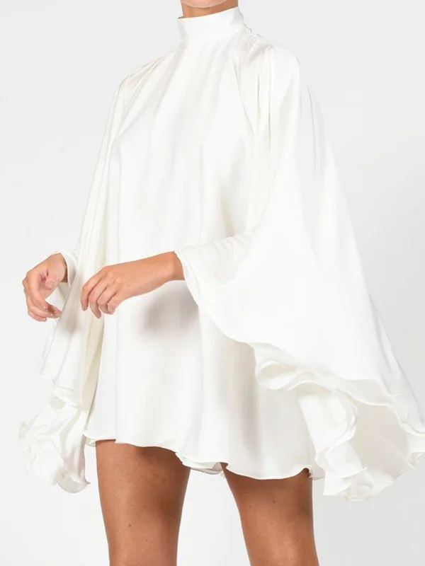 Flared Sleeves Long Sleeves Pockets Solid Color Notched Collar Mini Dresses Shirt Dress