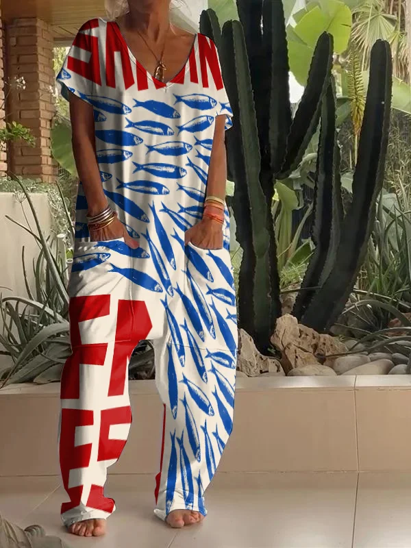 Casual Sardines Art Print V Neck Jumpsuit
