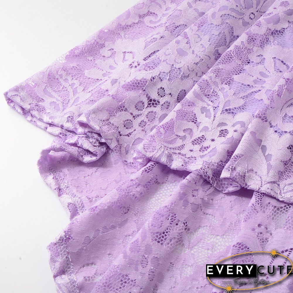 Light Purple Sleeveless High Low Lace Evening Dress