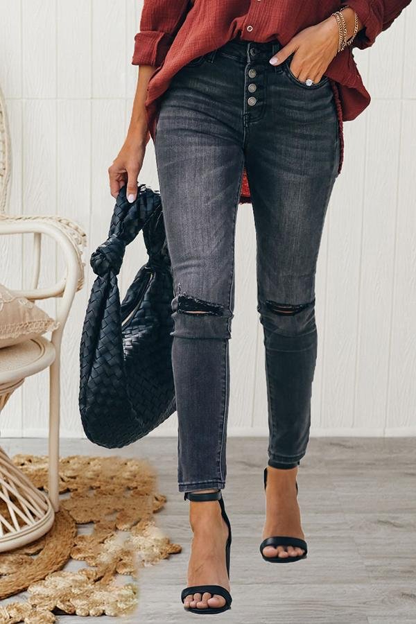 High Waist Elastic Rips Ankle Jeans
