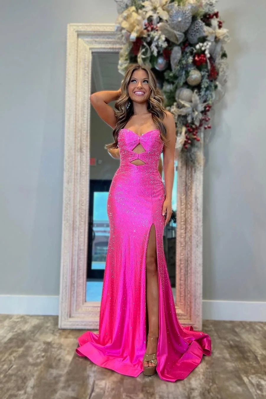 Miabel Stunning Fuchsia Sleeveless Sweetheart Long Split Prom Dress with Sequins 