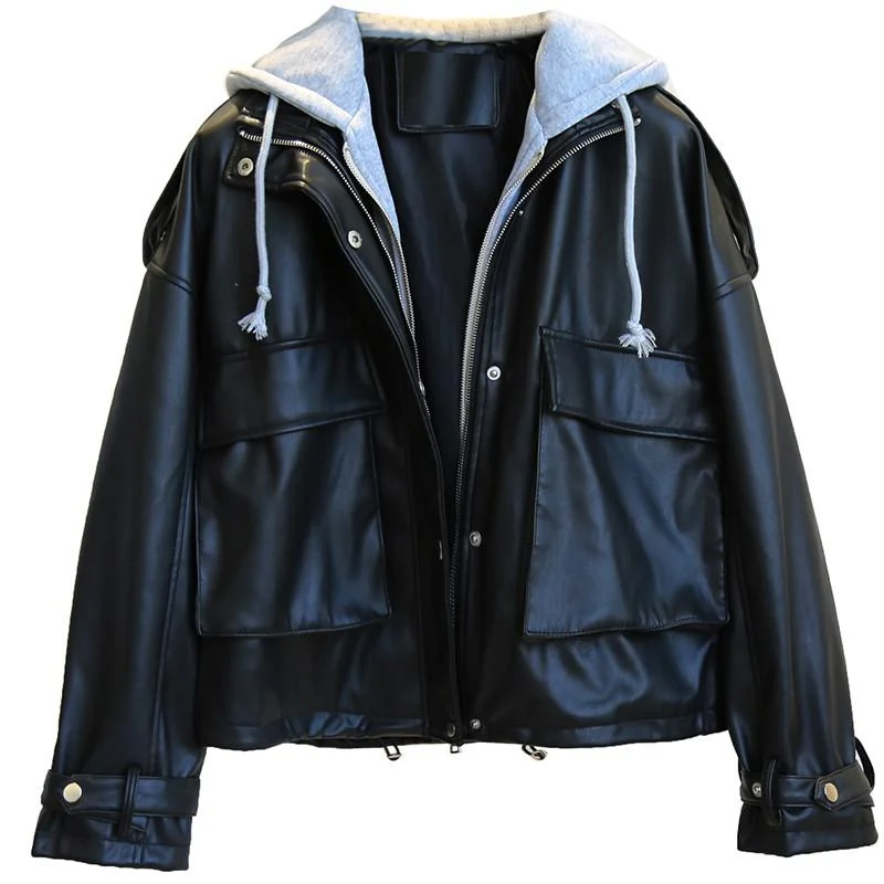 FTLZZ New Autumn Women Hooded Streetwear Pu Faux Soft Leather Jacket Casual Female Loose Moto Biker Short Black Coat Outwear