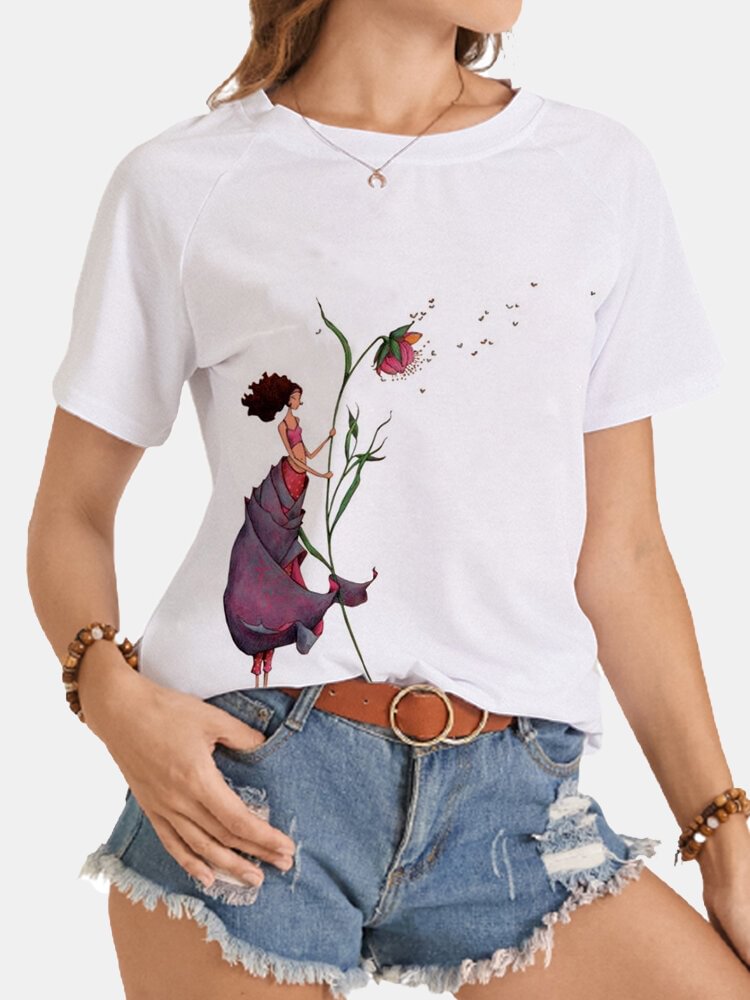 Flower Cartoon Print Women O neck Short Sleeve Casual T Shirt P1846388