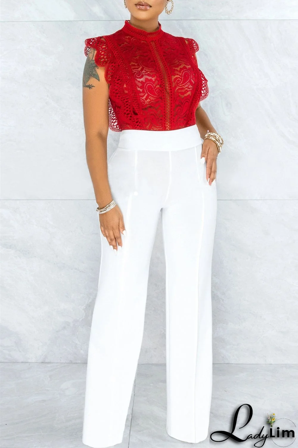 White Fashion Casual Solid Basic Regular High Waist Trousers