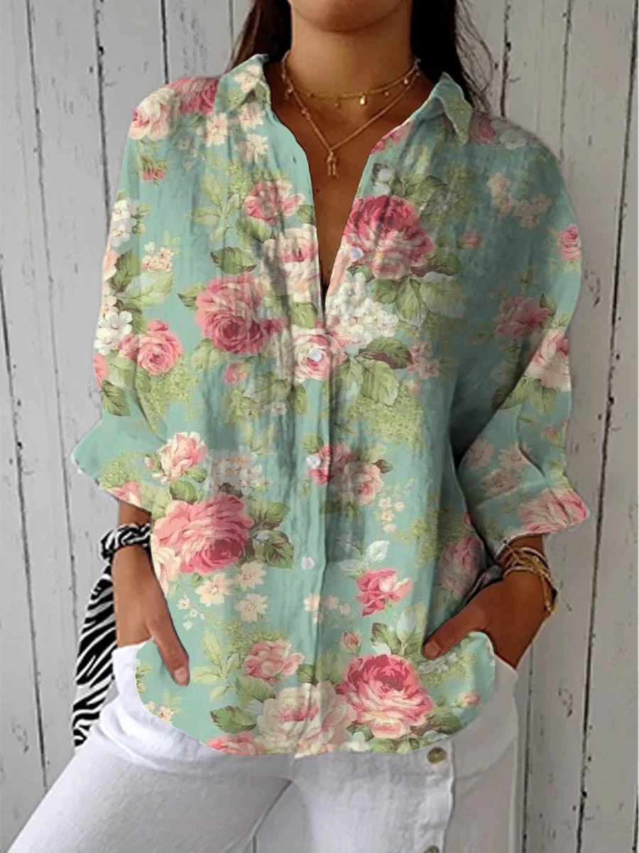 Women's Vintage Floral Art Print Casual Cotton Linen V-neck Shirt