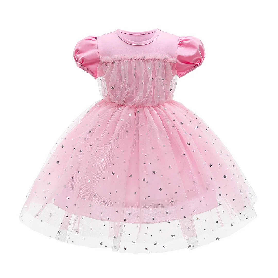 Buzzdaisy Gradient Princess Dress For Girl Crew Neck Star Swing Dress Puff Sleeves Candy Cotton Children'S Birthdays