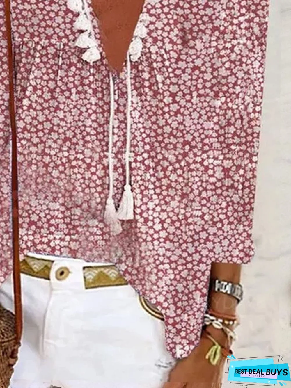 Boho 3/4 Sleeve Cotton V Neck Top