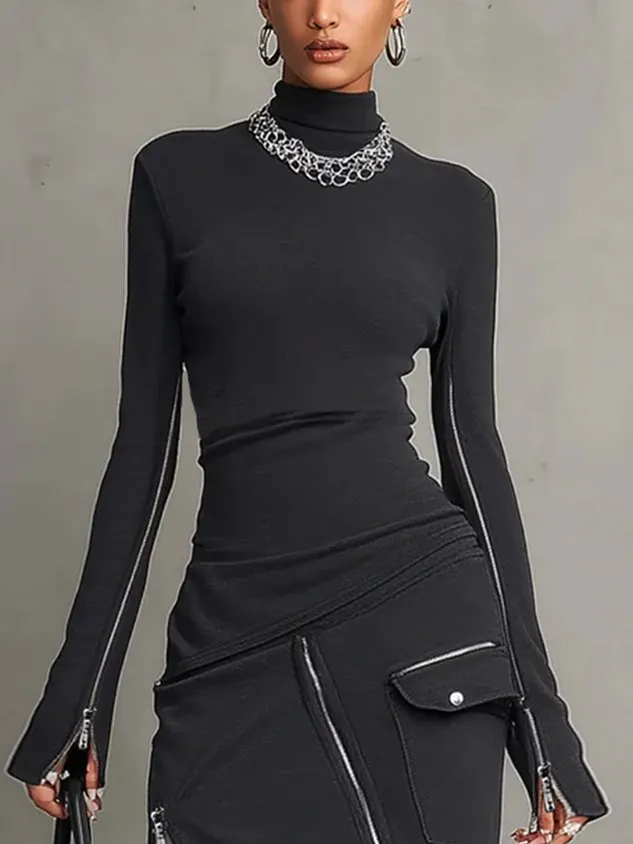 Casual Mock Neck T-Shirt Tight T-Line Long Sleeve Breathable Top mysite idetrend