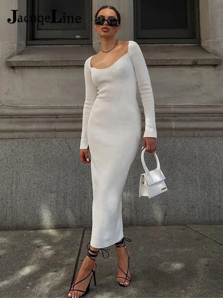 Jacuqeline 2022 Knitted Green Midi Sexy Bodycon Women Dress Spring Long Sleeve Off Shoulder Split Elegant Sweater Party Dresses