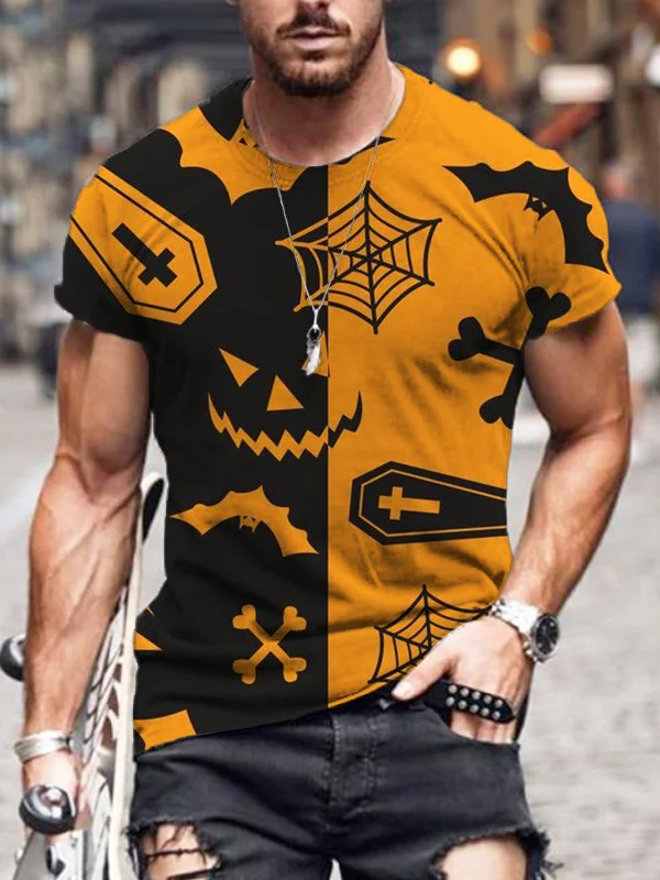 Men's Halloween Pattern Contrast Round Neck T Shirt