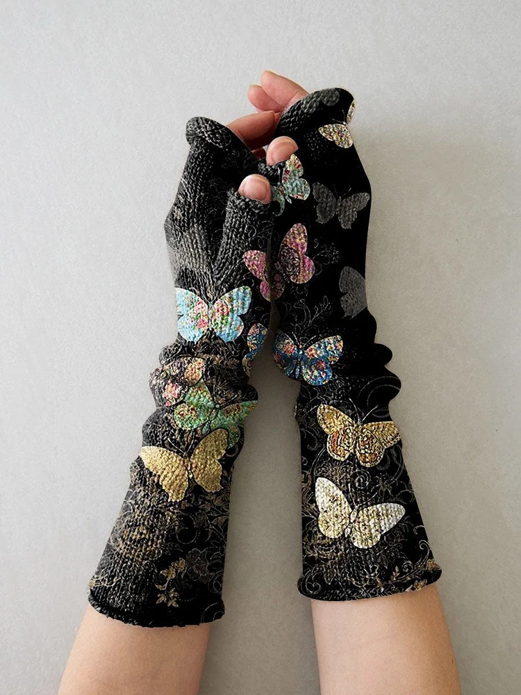 Knit Vintage Gold Butterfly Art Printing Fingerless Gloves