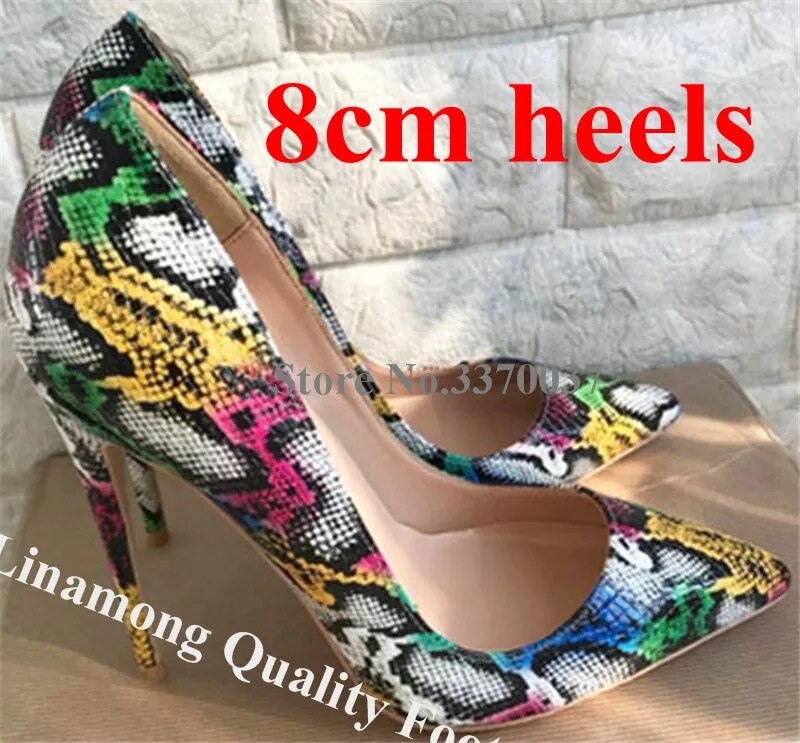 VCSHOES Women Pointed Toe Snake Leather Stiletto Heel Pumps Printed Leather 8cm 10cm 12cm High Heels