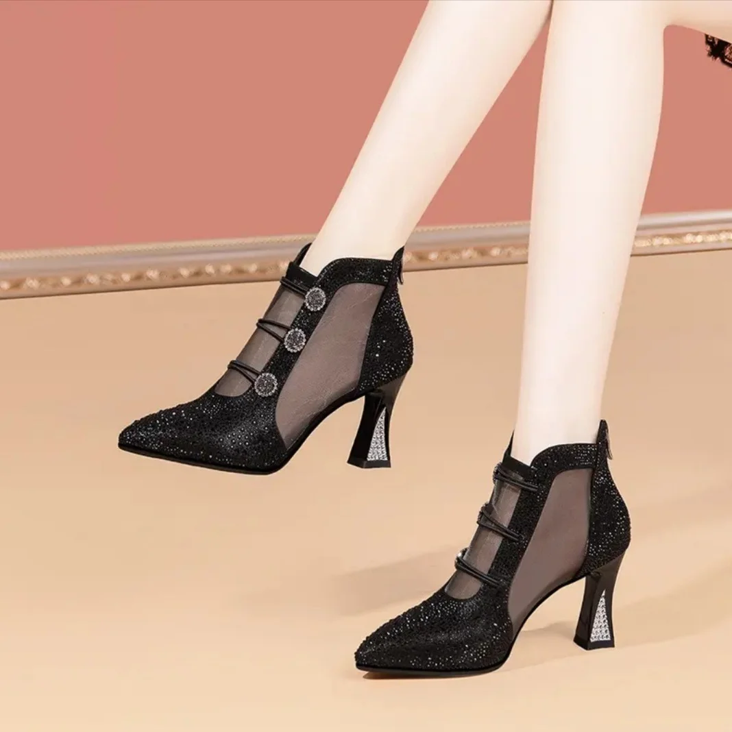 Wongn Wongn Hollow Head Sandals Women High Heels Sandals Women Wear Thick Heel Pointed Breathable Net Boots Women's Sandals