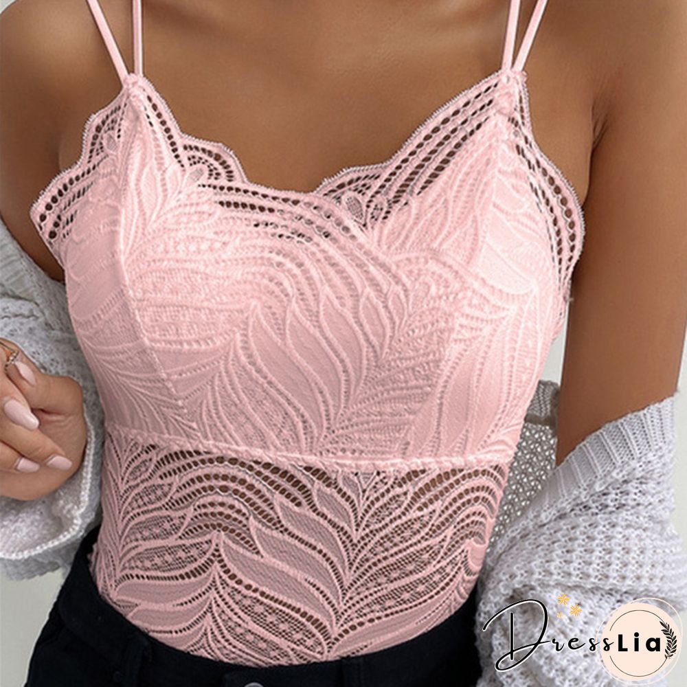 New Arrival Summer Fashion Women's Sexy V-Neck Spaghetti Strips Sleeveless Lace Vest Tops Solid Color Slim Fit Tank Top Plus Size