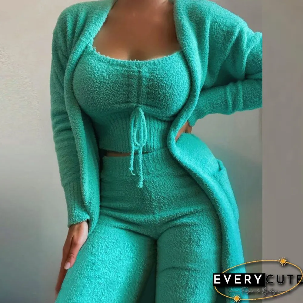 Autumn Winter New Women Fashion Casual Plush Lace-Up Vest+Long Cardigan+Trousers Suits Soft Fuzzy Solid Three Piece Set Outfits
