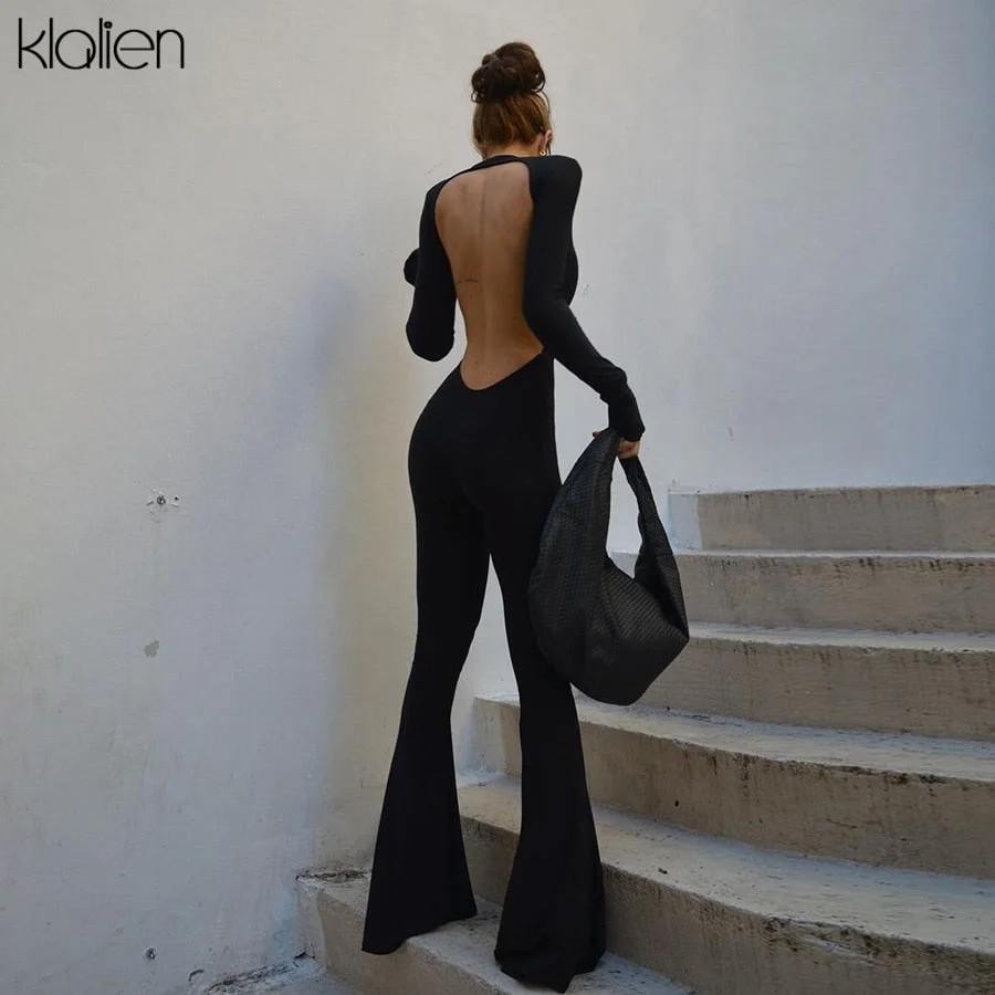 Abebey Fashion  Hollow Out Backless Long Sleeve Flare Pants Jumpsuit For Women Autumn New Solid Black Skinny Romper Female