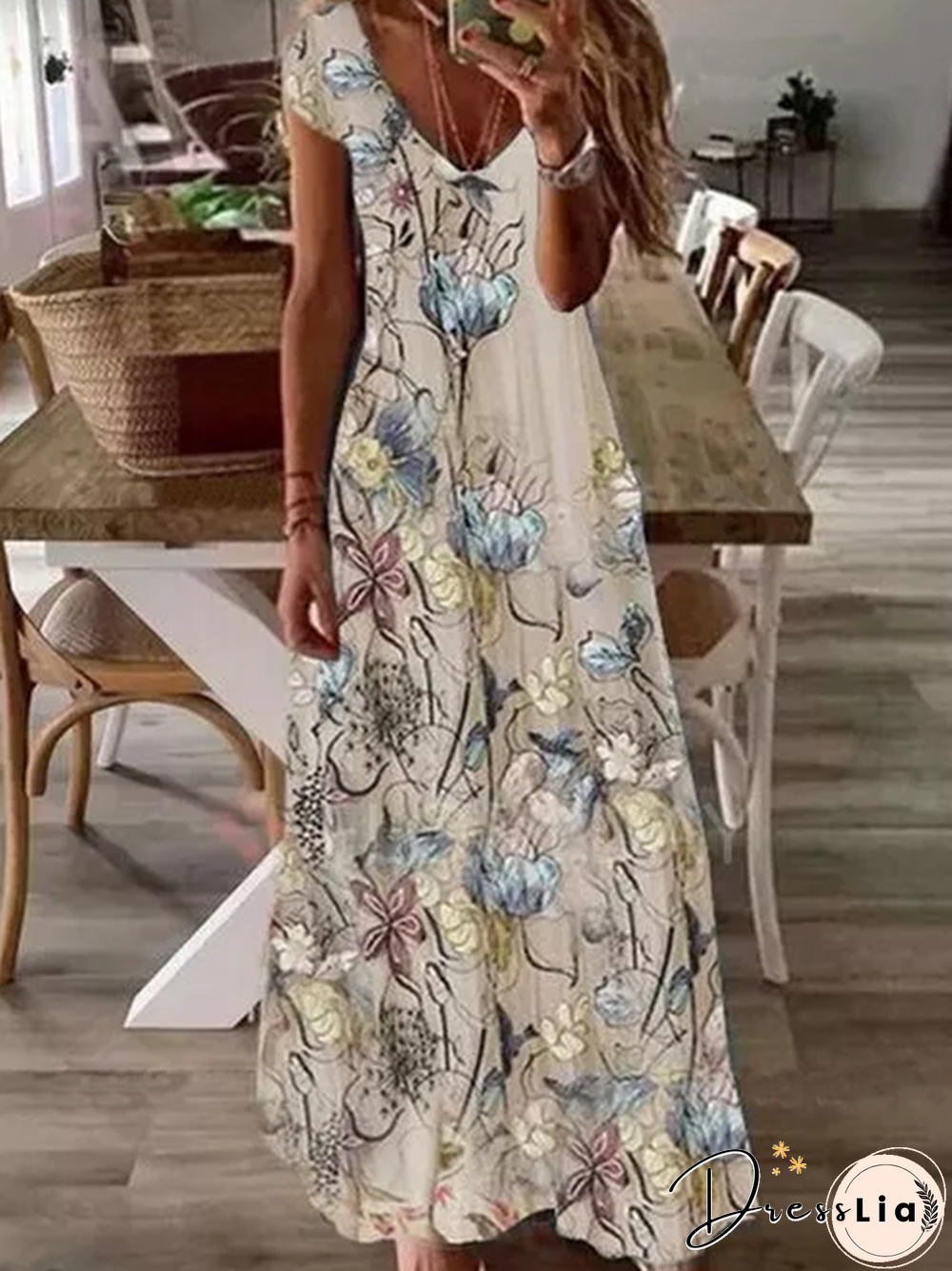 Mesh Floral Boho Short Sleeve Maxi Dress