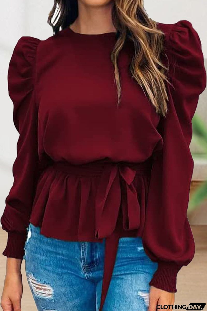 Casual Lace Frenulum Solid Color O Neck Tops(6 Colors)