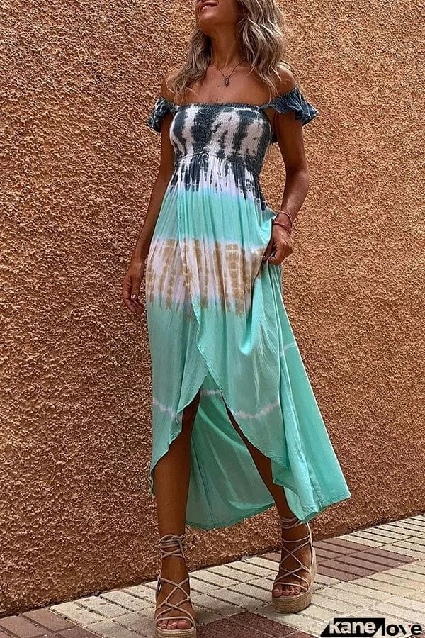 Off In Paradise Tie-dye Smocked Slit Maxi Dress