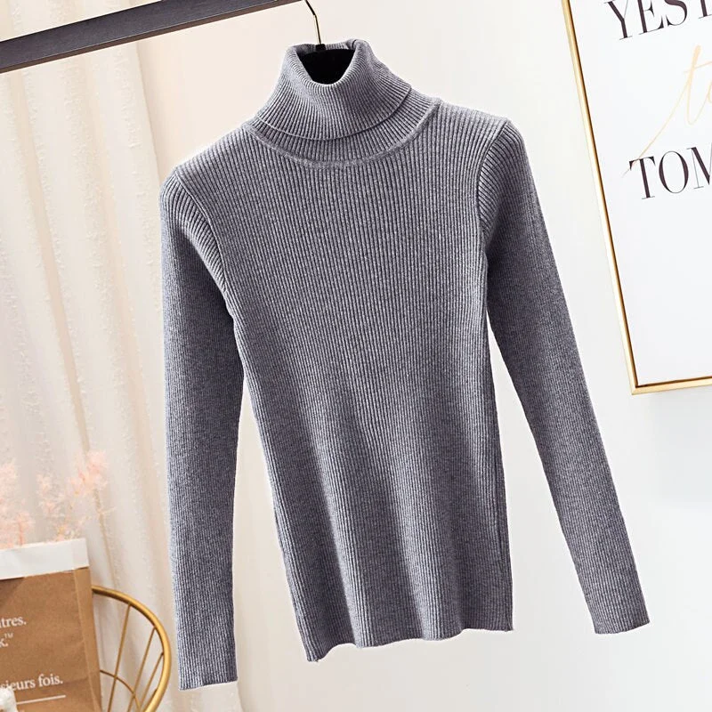 2020 Autumn Winter Thick Sweater Women Knitted Ribbed Pullover Sweater Long Sleeve Turtleneck Slim Jumper Soft Warm Pull Femme
