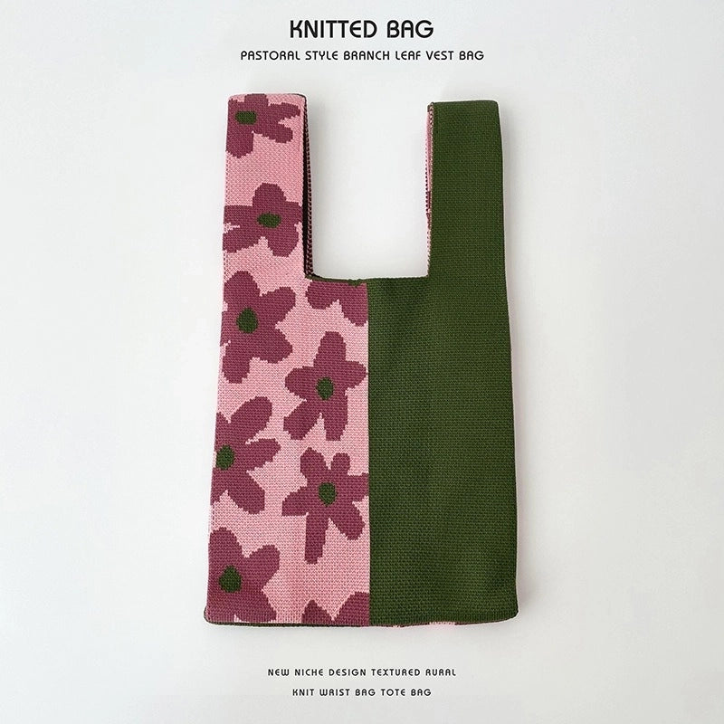 Women’s Medium Knit Letter Flower Cute Vintage Style Square Open Handbag